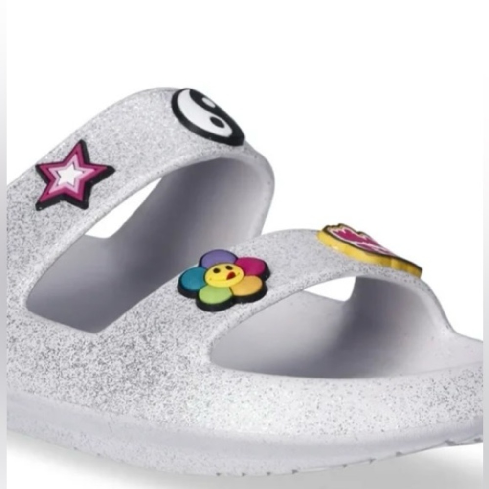 Women’s Glitter Slide Sandals Double Banded with 70s Style Emoji Charms - Picture 2 of 6